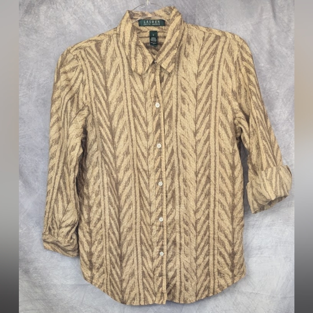 Lauren Ralph Lauren Size Small 100% Linen Button Down Shirt With Natural Print